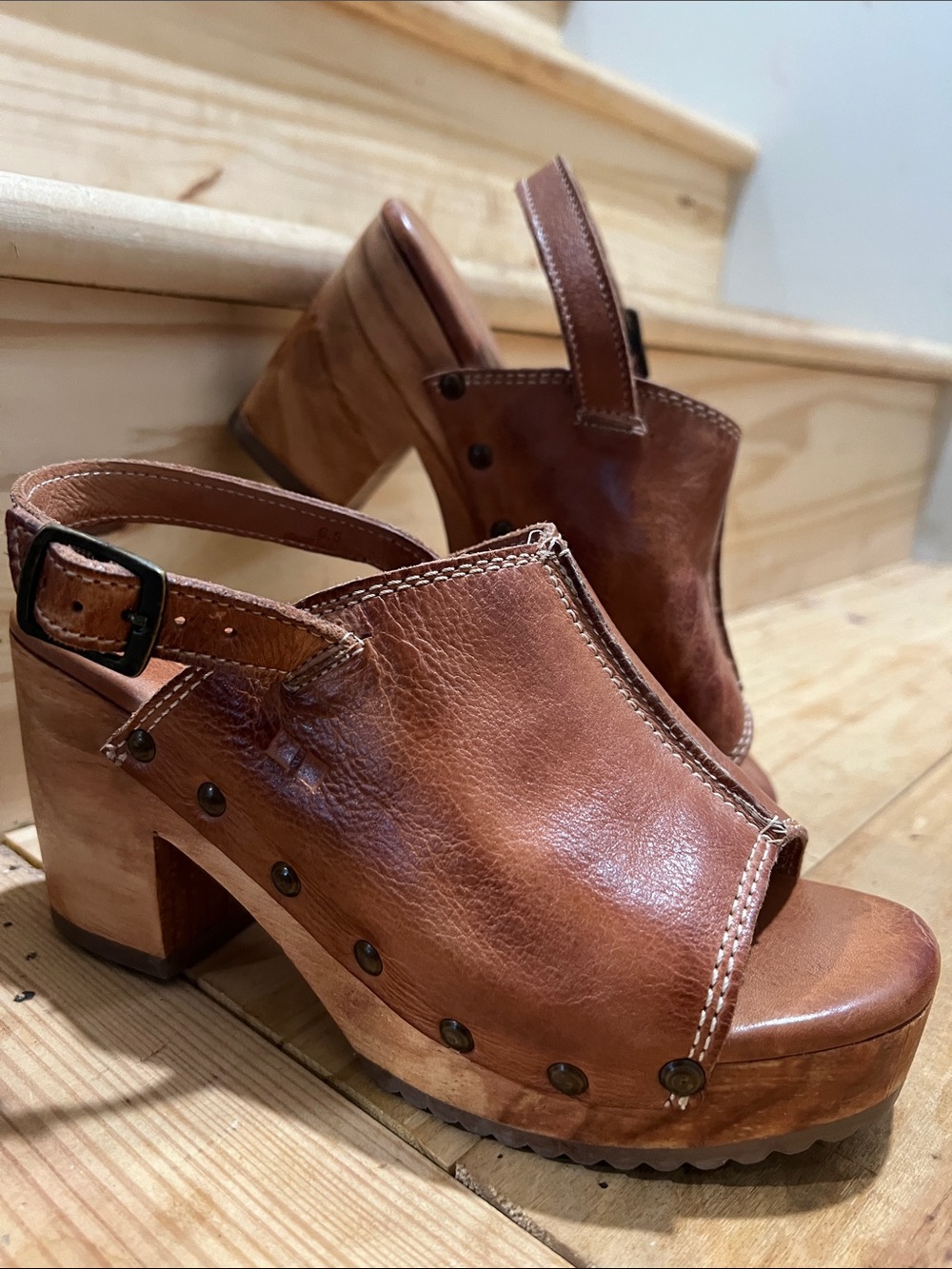 BED|STU Cognac Leather Open-Toe Clog Sandals